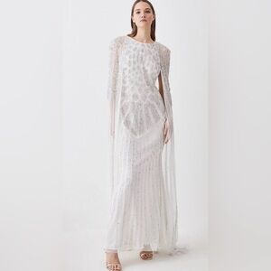 Embellished Woven Maxi Dress With Cape